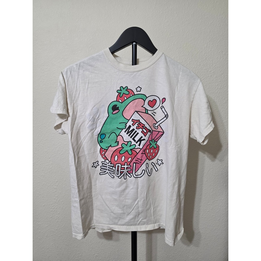 Hot Topic Frog Strawberry Milk Japanese Graphic Tee Cream Cotton Shirt Medium